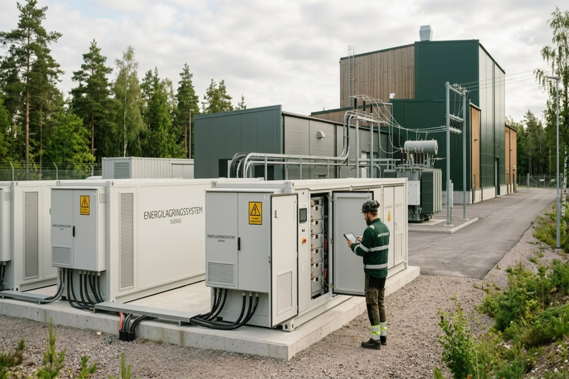 Batterilagringsanläggning med batteriskåp utanför en industribyggnad