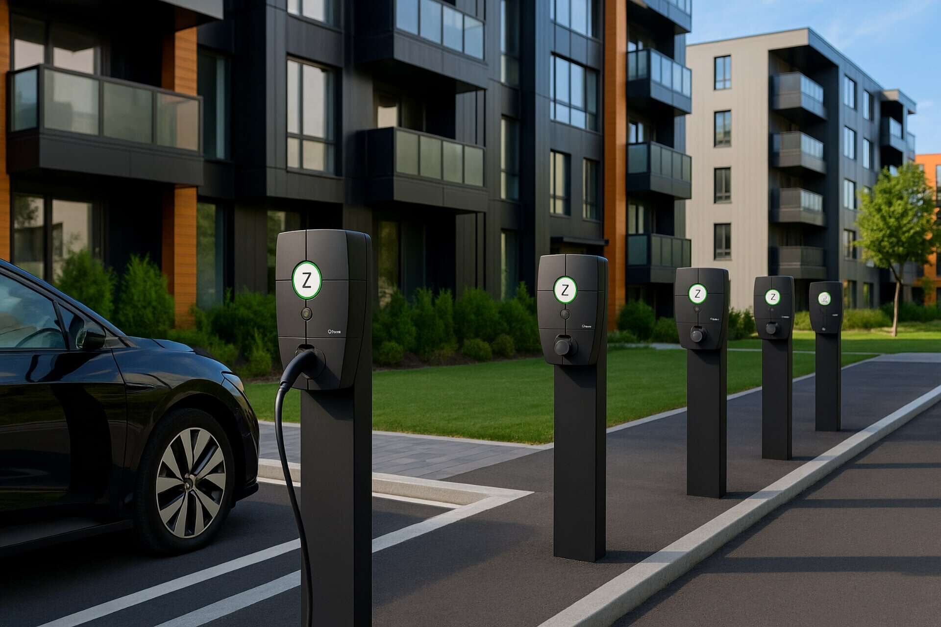 Rad med laddstolpar på parkering utanför flerbostadshus