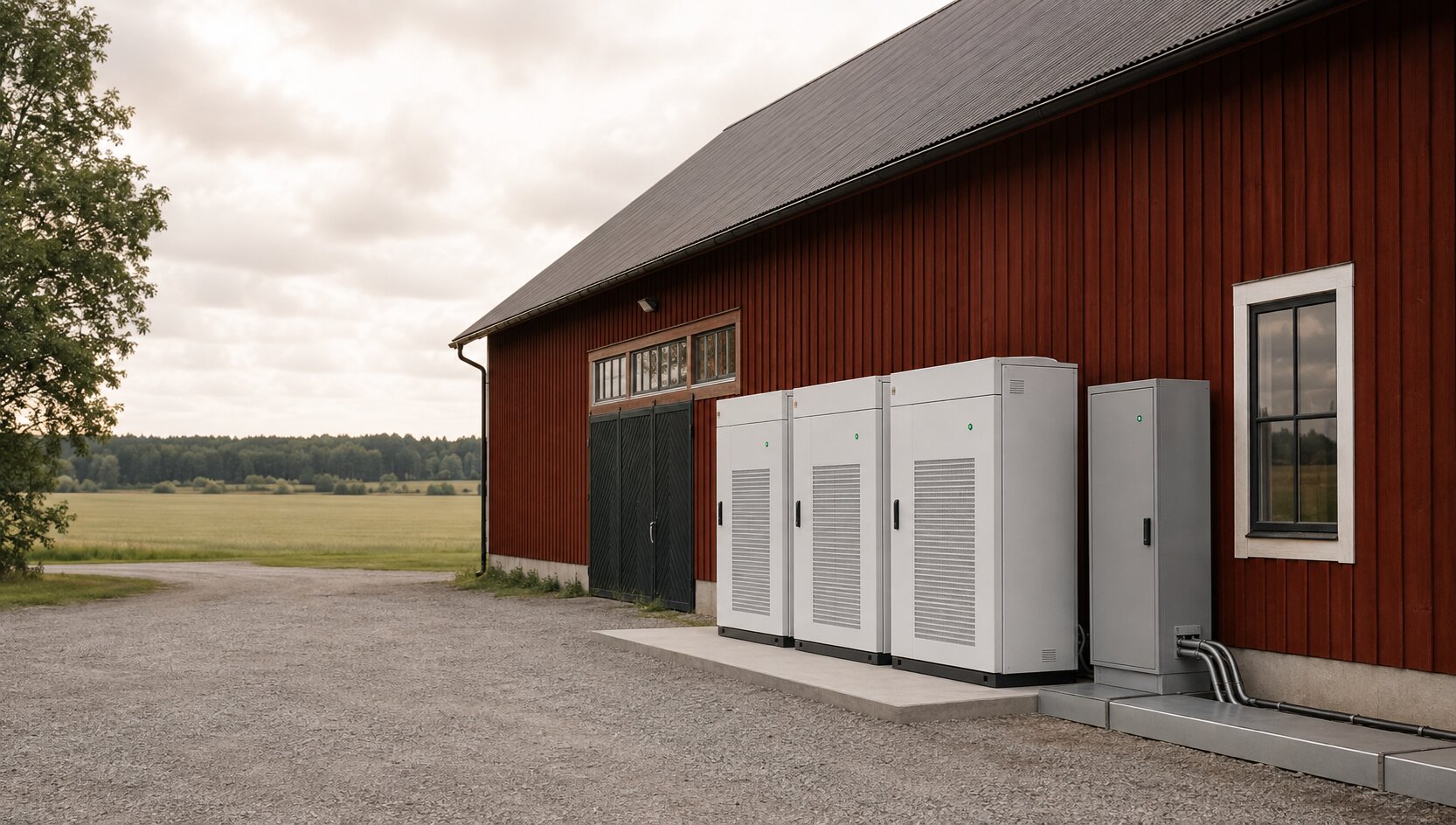 Batteriskåp på betongplatta intill en röd ladugård
