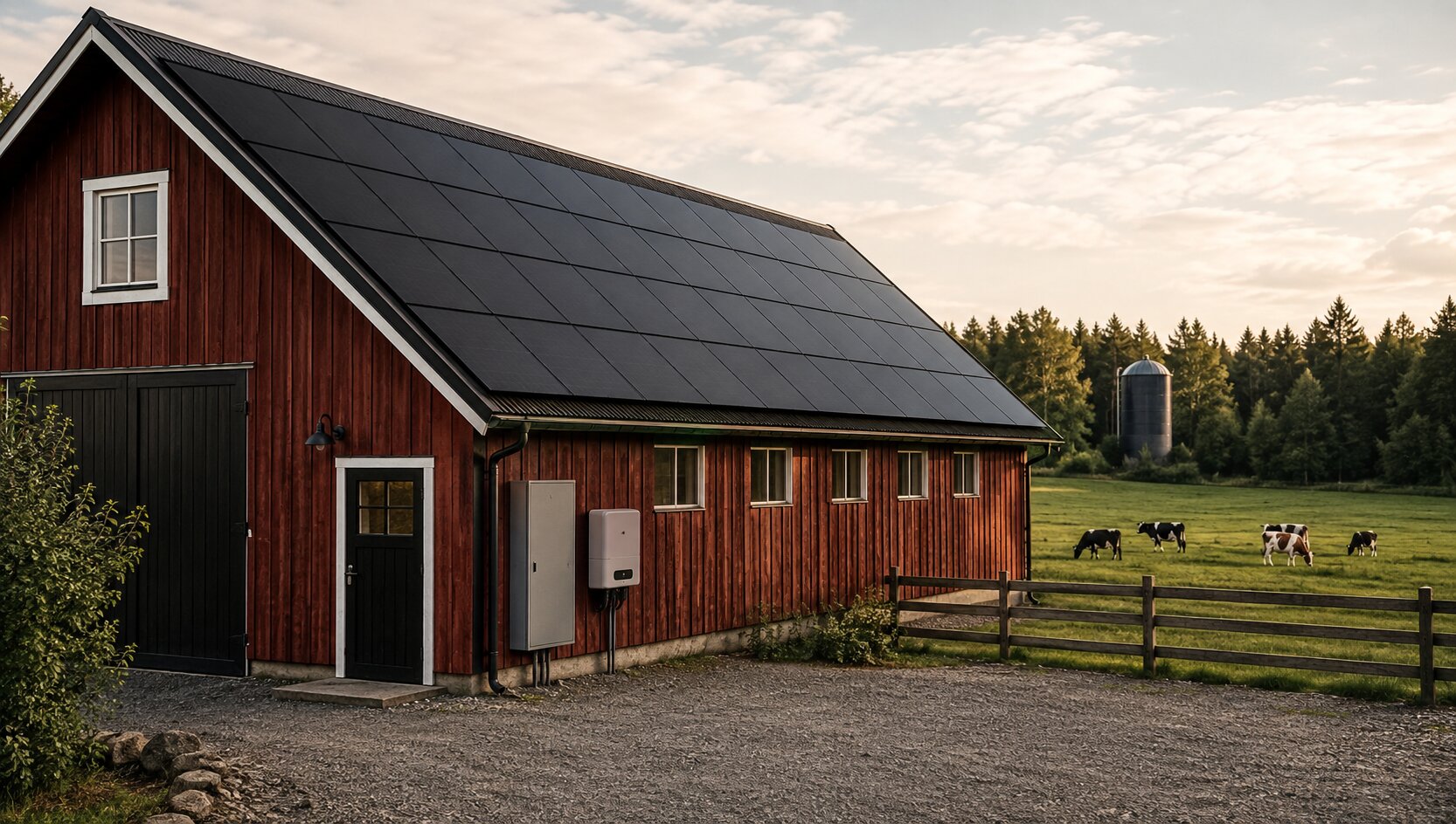 Ladugård med solceller på hela takfallet, växelriktare på väggen och kor i hagen