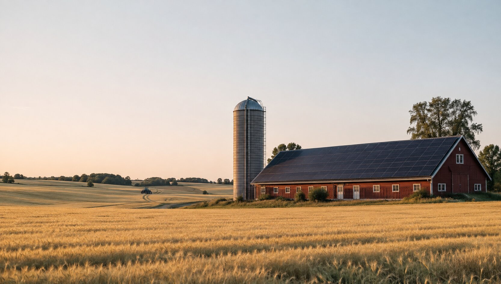Ladugård med solceller på hela taket, silo och spannmålsfält